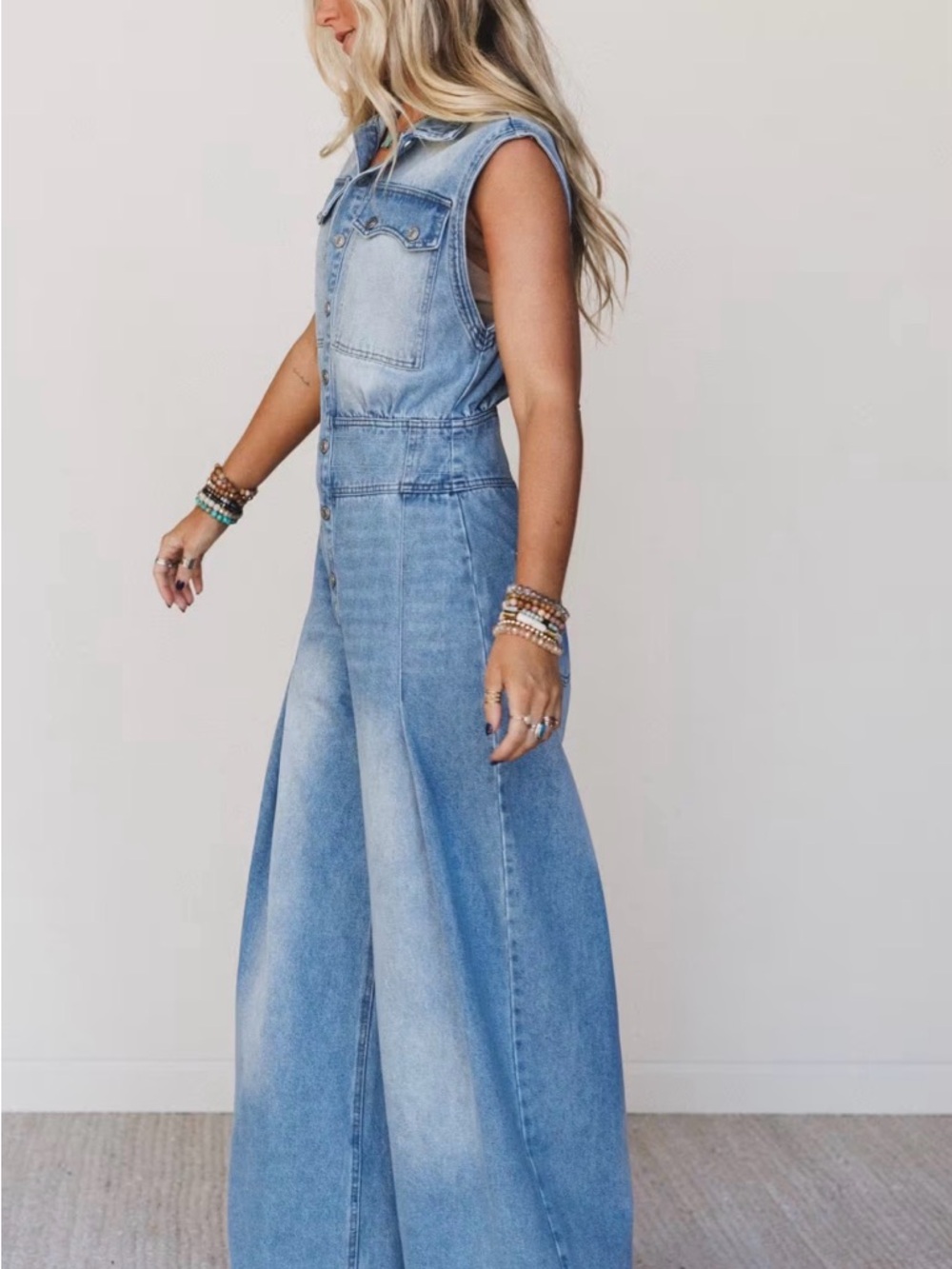 Three Bird Nest Light Blue Sleeveless Denim Jumpsuit - Picture 3 of 4